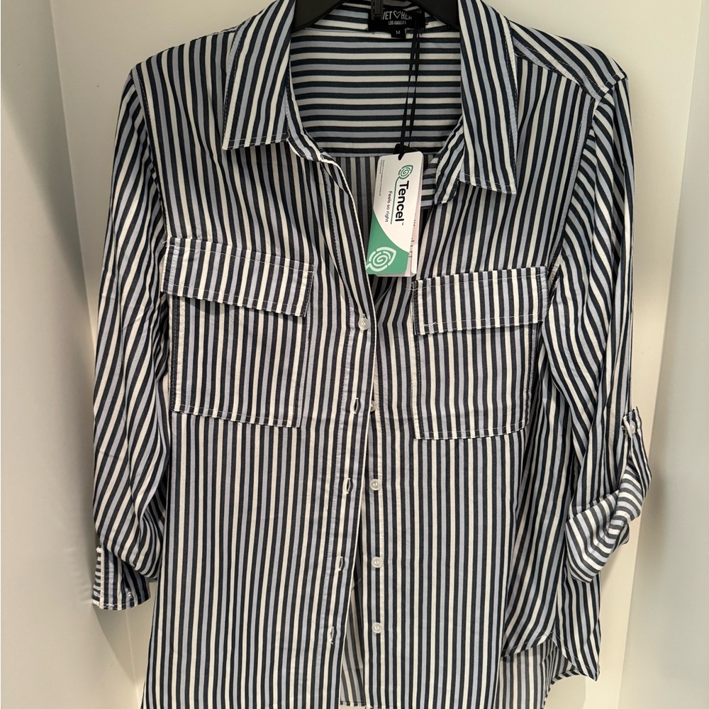 NWT Velvet Heart Talma French Navy White Stripe Shirt Medium